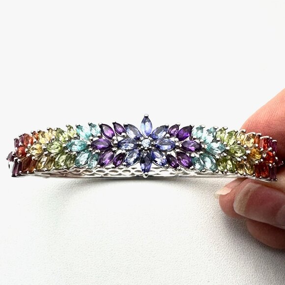 D Joy Sterling Silver Multi Gemstone Hinged Bangle Bracelet 21 Grams 7.25 Inch - Picture 2 of 4